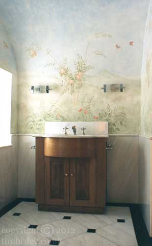 peach trees and foliage textured bathrrom mural