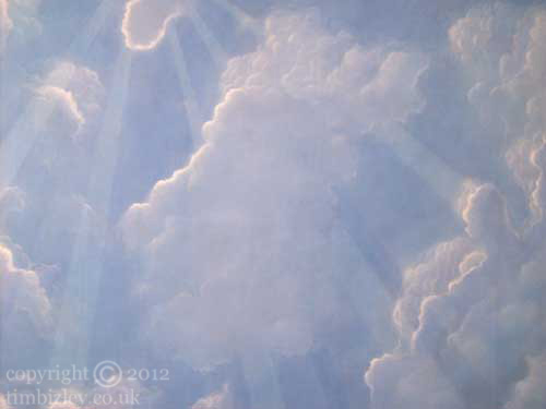 painted billowing clouds in a blue sky ceiling mural london u.k.