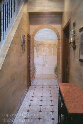 painted mural trompe l'oeil of courtyard scene with statue and flowers