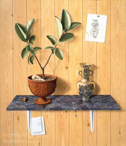 a still life of a shelf and objects painted in trompe l'oeil