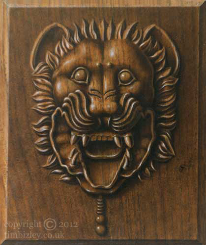 a painting creating illusion of lion head carved in oak