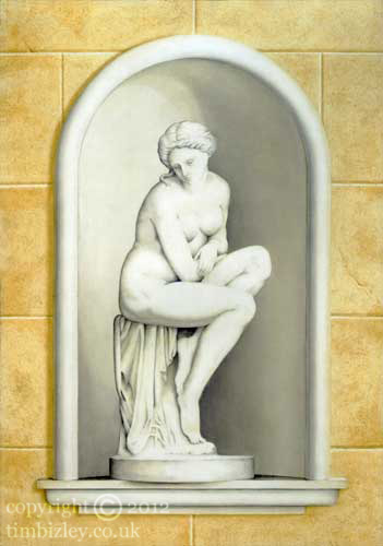 trompe-l'oeil painting of white marble statue in stone niche